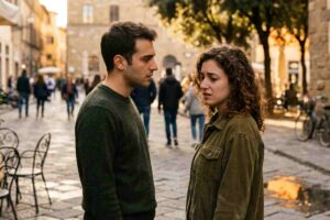 una ragazza distoglie lo sguardo mentre parla