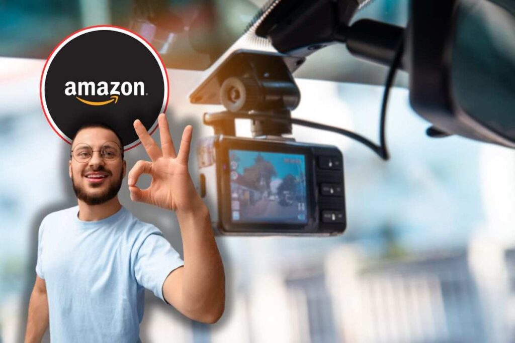 dashcam in auto, logo amazon e uomo che fa ok
