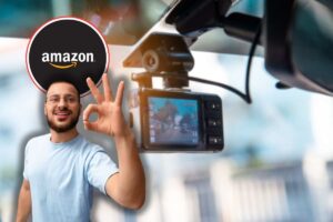 dashcam in auto, logo amazon e uomo che fa ok