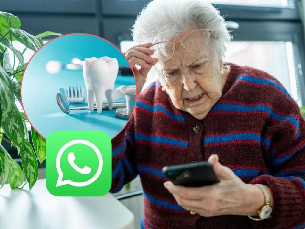 donna anziana guarda preoccupata cellulare e logo whatsapp